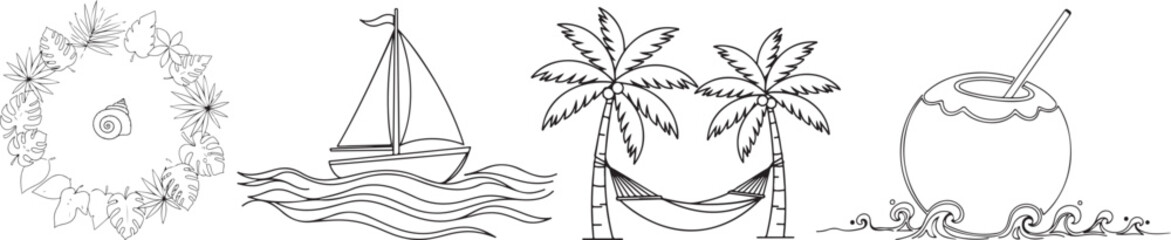 Stylized Summer Beach Holiday Themed Line Art Vector Collection