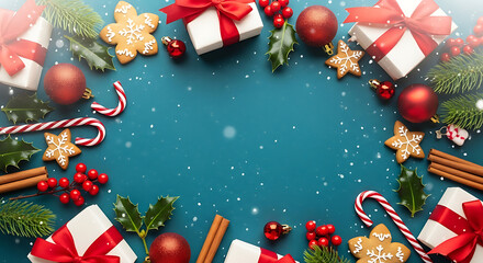 Festive christmas wreath with gifts ornaments and gingerbread cookies on blue background