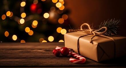 Gift wrapped with twine on wooden table next to candy cane and Christmas tree lights simple and nostalgic festive season
