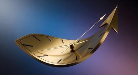 Conceptual golden clock face with elongated warped shape transforming into upward pointing arrow symbolizing future acceleration progress time travel momentum and dynamic forward movement