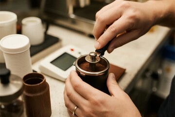 Person tamping ground coffee into a French press using a tamper in a kitchen setting