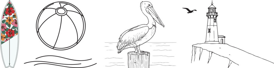 Collection of Hand-drawn Coastal and Beach Elements in Outline Style © reza