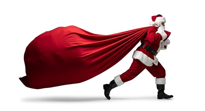 Santa Claus sprinting with a massive red sack slung over his shoulder full of gifts against a stark white background