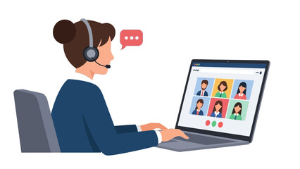 An engaging flat design illustration of a professional actively participating in an online video conference call from their office, effectively communicating through their laptop. 