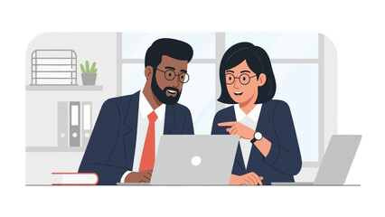 A dynamic flat design illustration showcasing two diverse professionals actively collaborating and discussing ideas while working together on a laptop in a modern office environment.