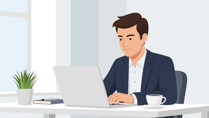 A vibrant flat design illustration depicting a focused young professional working diligently on a laptop at his office desk, symbolizing productivity and concentration.