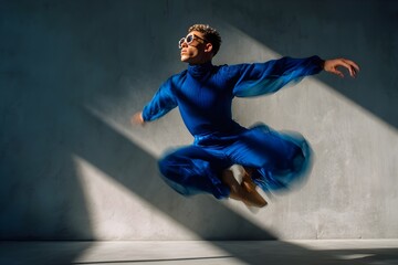 A high-impact fashion editorial for Dazed & Confused, the model is caught mid-jump with bent legs and outstretched arms, wearing a sculptural royal blue bodysuit and angled glasses