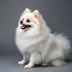 Fluffy white pomeranian dog sitting proudly against a grey background