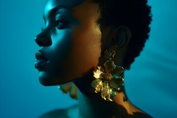A 25-year-old black woman with dark skin and short black hair, wearing large, ornate gold flower earrings. The background is a light blue to white gradient