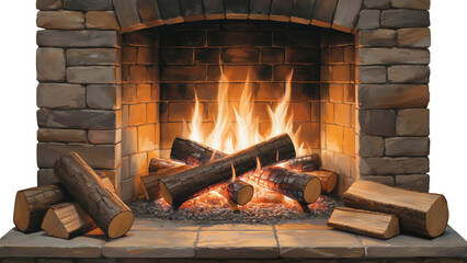 Cozy fireplace with crackling logs and glowing flames creates inviting warmth, perfect for winter holidays and peaceful nights, adding rustic charm to any design