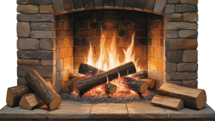 Cozy fireplace with crackling logs and glowing flames creates inviting warmth, perfect for winter holidays and peaceful nights, adding rustic charm to any design
