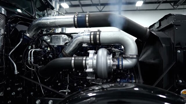 Powerful Turbocharged Diesel Engine Close-Up.