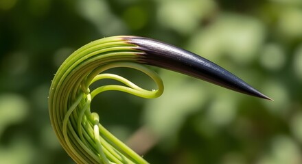 Macro photograph showing curved spiral sprout tip forming pointed black spear shape against blurred vibrant green natural background concept of biological growth natural curve and botanical elegance