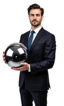 A strategic man in chrome slate, holding a sphere with shifting surfaces, symbolizing adaptable branding, polymorphic vision, and multidimensional leadership.