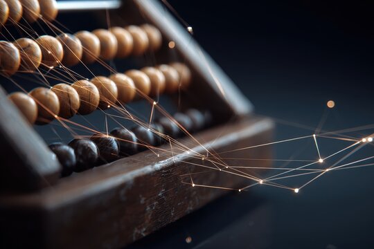 Antique Abacus with Digital Overlay - Calculation and Connectivity Concept.