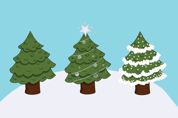 Cute hand drawn Christmas tree Set: plain, decorated with star, and snowy winter fir trees
