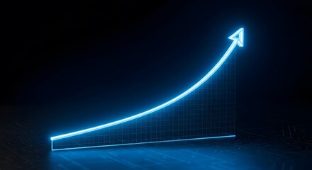 Digital line graph showing exponential growth with illuminated blue neon uptrend arrow moving upward across grid against
