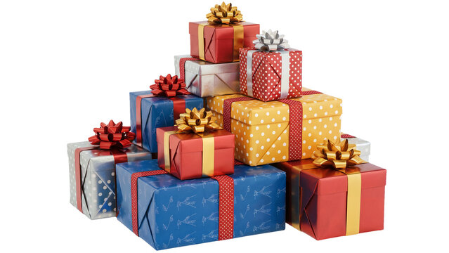 Gift boxes beautifully wrapped for the holidays, adding a touch of magic and joy to any occasion, perfect for festive promotions or heartfelt greetings isolated on white or transparent png.