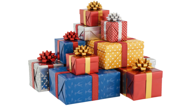 Gift boxes beautifully wrapped for the holidays, adding a touch of magic and joy to any occasion, perfect for festive promotions or heartfelt greetings isolated on white or transparent png.
