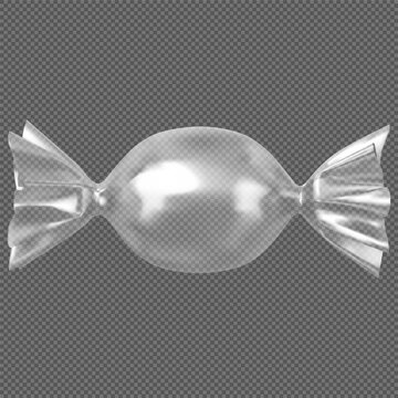 Transparent, silver wrapper for a round candy, realistic mockup on an isolated background.