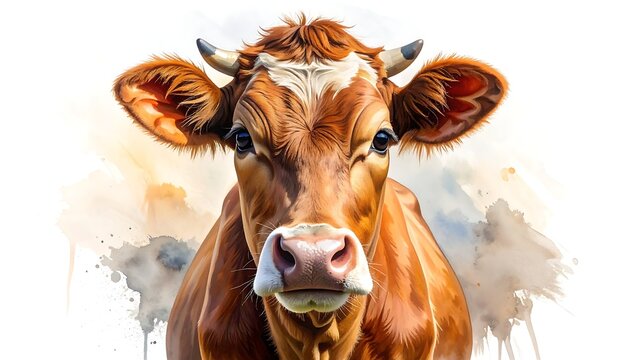Close-up of a brown cow with expressive eyes and watercolor effects - Powered by Adobe