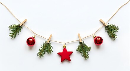 Festive Christmas Garland Red Ornaments Star and Evergreen Clipped to Twine against a Clean White Backdrop a Scene of