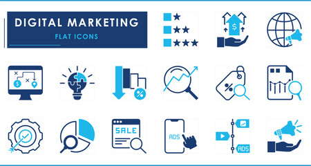 A set of flat icons related to Digital Marketing. Announce, feedback, pie chart, sale, growth, value, target, global, mobile and laptop, and so on.