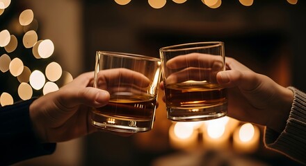 Cheers to Cozy Nights Two Hands Toasting Whiskey in Warm Light Celebrating Friendship and Togetherness Near the