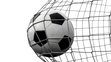Goal! Soccer ball hits the back of the net in a moment of victory and achievement, ideal for sports advertising and exciting game highlights isolated on white or transparent png.