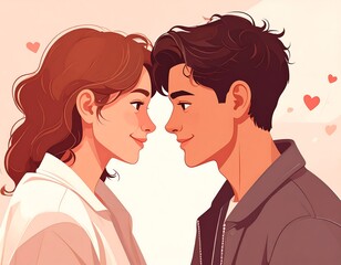Animated couple gazing affectionately at each other, hearts floating