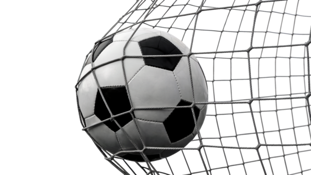 Goal! Soccer ball hits the back of the net in a moment of victory and achievement, ideal for sports advertising and exciting game highlights isolated on white or transparent png.
