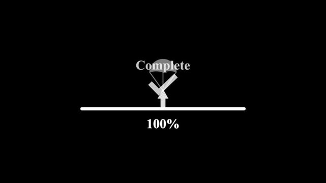 Parachute delivery loading to completion animation on black background, white progress bar from 0 to 100 percent with check mark, download progress indicator for tracking, update, and process status
