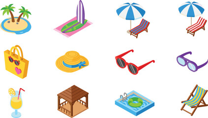 Beach vacation icons, tropical island, sunglasses, surfboard, summer drink, gazebo, pool, hat, umbrella, travel, leisure, holiday vibes