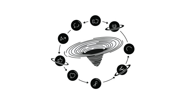 Abstract representation of a black hole with orbiting icons symbolizing life and emotions.