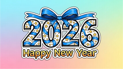 2026 Colorful Realistic One-Line New Year Typography with Stars and Blue Ribbon Accents