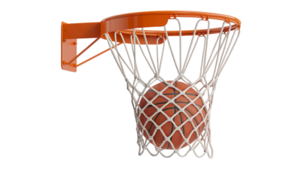 Perfect shot of a basketball swishing through the net, symbolizing success, skill, and achievement in sports and athletic competition, winning points isolated on white or transparent png.