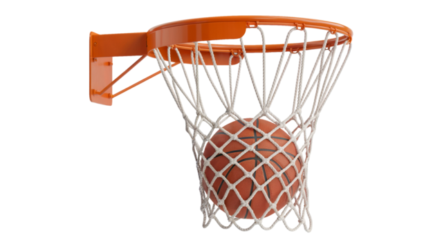 Perfect shot of a basketball swishing through the net, symbolizing success, skill, and achievement in sports and athletic competition, winning points isolated on white or transparent png.