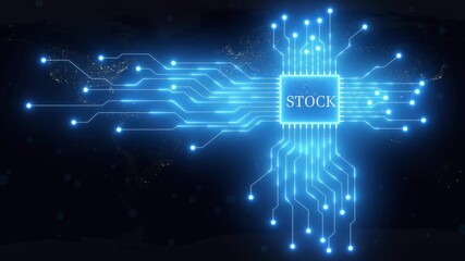 Stock market concept with a glowing blue circuit board and world map at night finance investment - Powered by Adobe