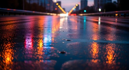 Reflection of city lights on a wet road at dusk, creating vibrant and colorful patterns in the water