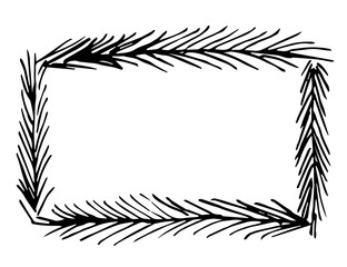 Rectangular frame with pine branches. Christmas, New Year's decoration. Space for text, template for cards, invitations. Simple hand-drawn vector illustration.