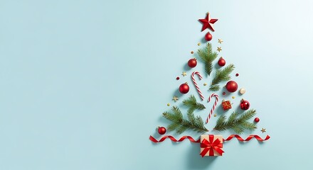 Minimalist Christmas Tree Flat Lay on Light Blue Background with Red Ornaments Green Branches Candy Canes and Gift