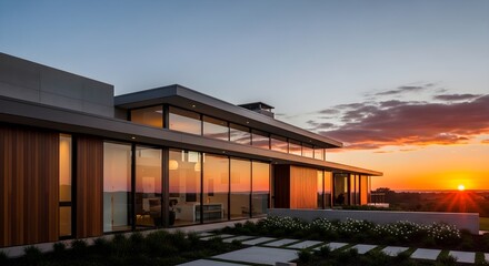 Fototapeta premium Modern Home at Sunset Captivating Architecture Bathed in Golden Hour Light