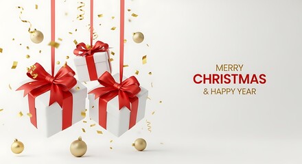 Festive Christmas Greetings White Gifts with Red Ribbons Golden Ornaments and Sparkling Confetti Showered on a Radiant