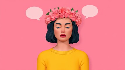 A woman with a flower crown looks contemplative against a pink background, featuring speech bubbles above her head.