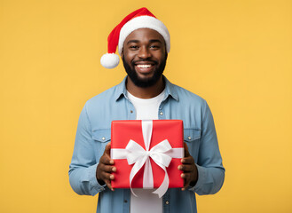 Black Santa. Smiling african american man in red Christmas hat holding xmas gift box over yellow studio background, AI Generative