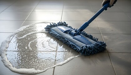 Close-up of a person mopping a tile floor with a mop.