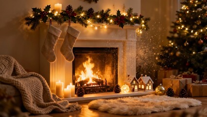 A warm Christmas with a decorated fireplace for the holiday season