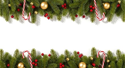 Festive Pine Branches with Golden Ornaments Red Berries and Candy Canes on White Backdrop Holiday Cheer Christmas