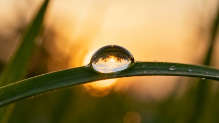 Water drops on green leaves catching the golden sunrise light, reflecting the forest landscape, morning dew, bokeh background.