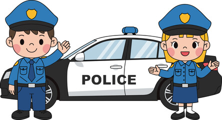 Cartoon police officers, law enforcement characters, patrol car illustration, friendly uniformed figures, vector art, educational design, children’s safety themeCartoon police officers © rakib's world